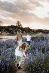 girl following mom at Folsom Lake stopping to touch wildflowers